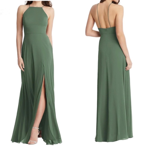 Lovely Dresses & Skirts - Lovely Lela High Neck Chiffon Maxi Dress with Front Slit Vineyard Green size 6